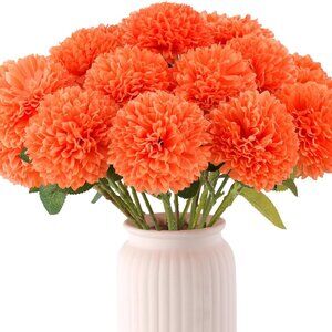 New 12 Pcs Artificial Chrysanthemums Flowers Marigolds Ball Flower, Orange Fake